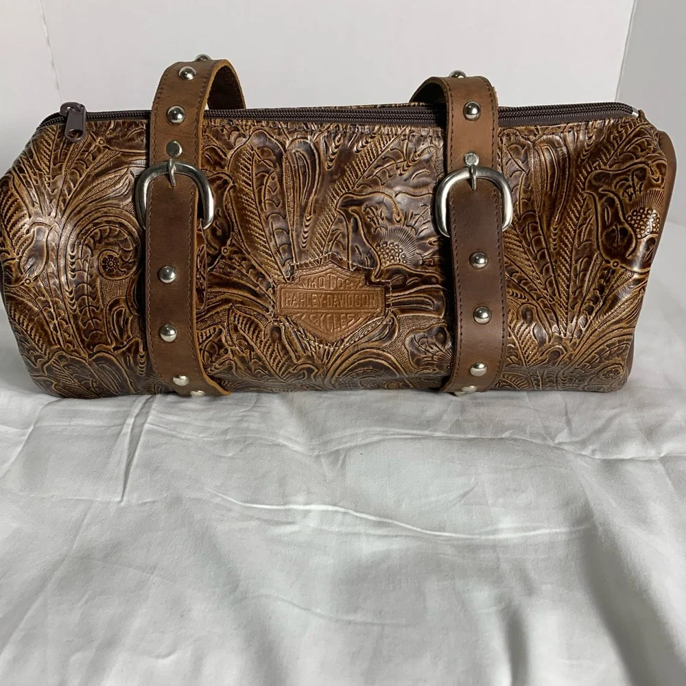 Harley-Davidson Vintage Tooled Brown Leather Shoulder Bag - Picture 1 of 8
